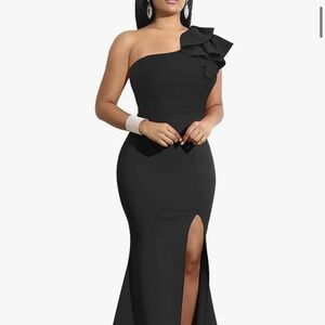One shoulder black formal gown